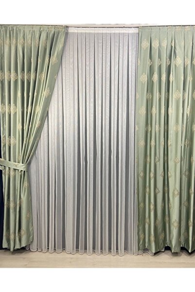 Fashion Pearl Moda Inci Perde, Yeşil Damask Desen Fon Perde