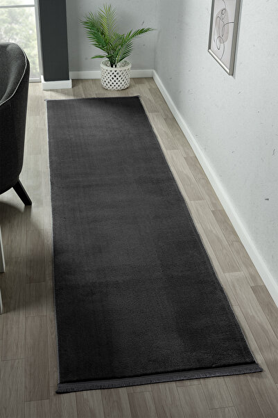LİNOS HOME Puffy Antrasit Düz Saçaklı Peluş Yolluk Yumuşacık Yıkanabilir Kaym...