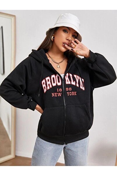 NO 601 Black New York Printed - Thick Hooded and Zippered Women's Jacket