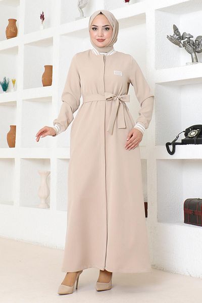 Modamihram Beige Ferace - Hidden Button and Ribbed 19214