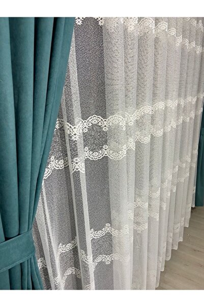 Fashion Pearl Moda Inci Perde, Örme Sıra Çiçek Desenli Düz Tül Perde