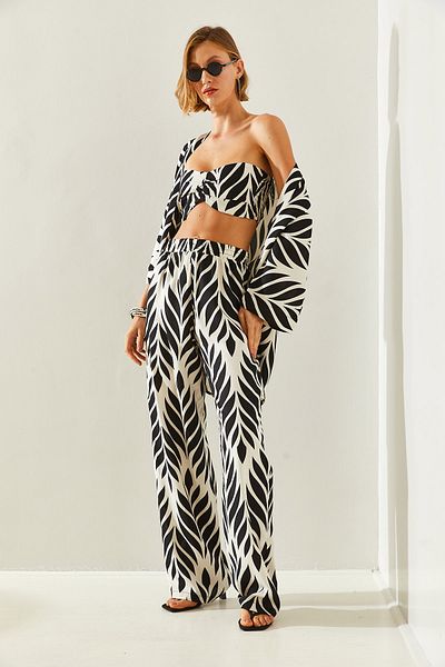 Bianco Lucci Palazzo Damski Crop Kimono i Spodnie Komplet - Wzór, Góra i Dół Komplet 3631660251444
