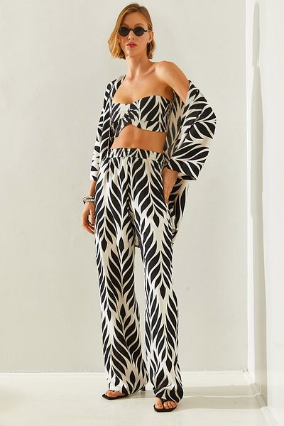 Bianco Lucci Palazzo Damski Crop Kimono i Spodnie Komplet - Wzór, Góra i Dół Komplet 3631660251444