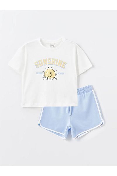 LC Waikiki Lcw Crew Neck Printed Short Sleeve Girls' T-Shirt and Shorts