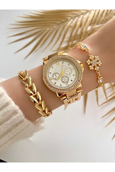 Arzu Butik ساعة يد نسائية بسوار معدني ذهبي اللون وسوار أصفر اللون