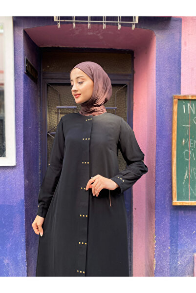 JALİA Battal Square Stone Detailed Arm a Pile Placket Buttoned Ferace-6026