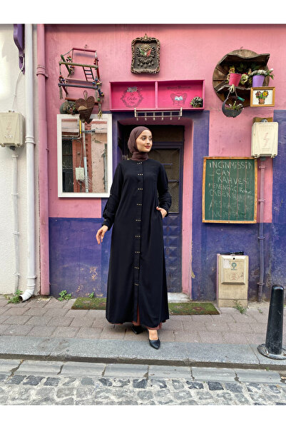 JALİA Battal Square Stone Detailed Arm a Pile Placket Buttoned Ferace-6026