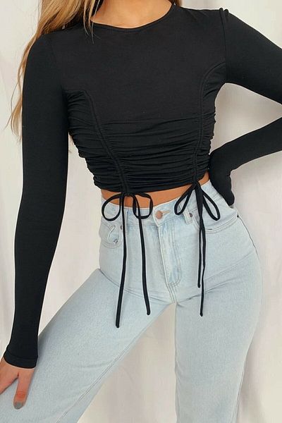 Edela Μπλούζα με σχοινί Μαύρη Crop Μπλούζα Edl-1523