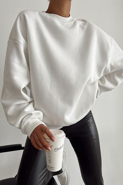 NO 601 Λευκό Γυναικείο Φούτερ χωρίς σχέδια - Crew Neck, χωρίς κουκούλα με 3 κλωστές