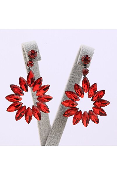 Bijuteri Moda Kırmızı Taşlı Abiye Kına Nişan Küpesi