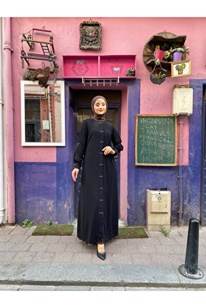 JALİA Battal Square Stone Detailed Arm a Pile Placket Buttoned Ferace-6026