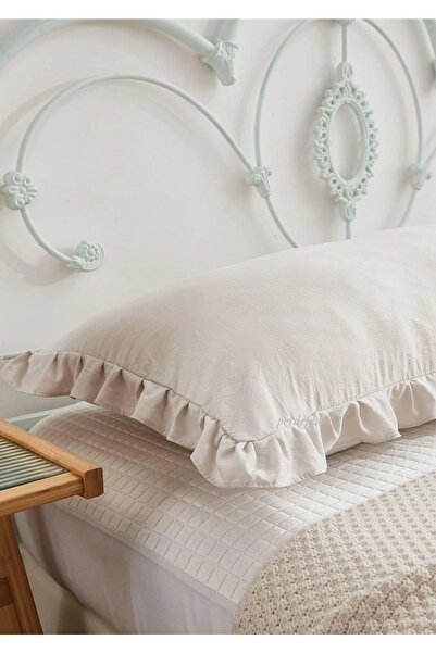 Perdeplus Long Pillowcase Decorative Ruffled Cotton Linen Design Pillowcase
