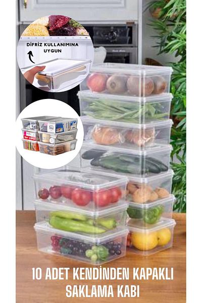 Bayev 10 Pieces Self-Covered Food Storage Container 1 Lt Convenient for Locked Freezer with Lid
