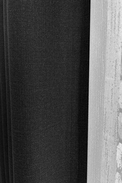 Cortibo Alaska Keten Fon Perde Siyah Tek Kanat (PİLESİZ)