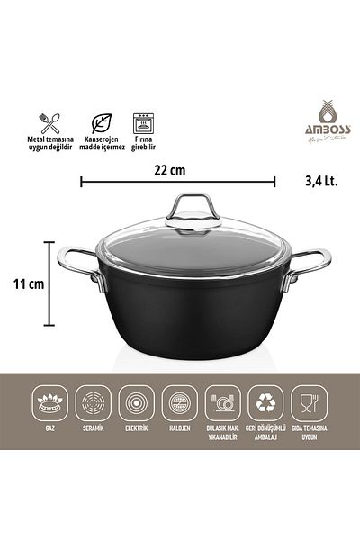 JUSTANDSHOP Amboss Dark Deep Pot with Glass Lid Fireproof Non-Stick Titanium Coating - 22 cm