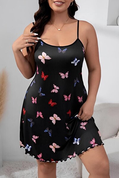 Yeni Nesil Toptancı - YNT Siyah Büyük Beden Kelebek Desenli Gecelik Şık ve Rahat