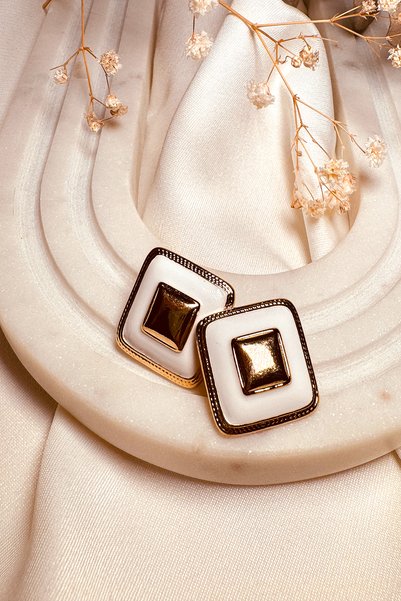 MOONİ ACCESSORİES Steel Earrings Limited Edition White Enamel Square Design Gold Color Stylish Design for Women