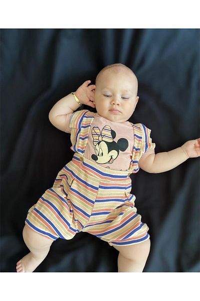 Minizade Miki Printed Baby Girl Summer Slippers - Striped and Buttoned Jumpsuit