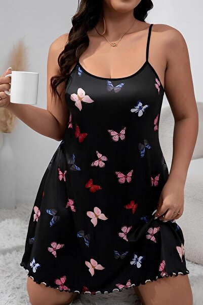 Yeni Nesil Toptancı - YNT Siyah Büyük Beden Kelebek Desenli Gecelik Şık ve Rahat