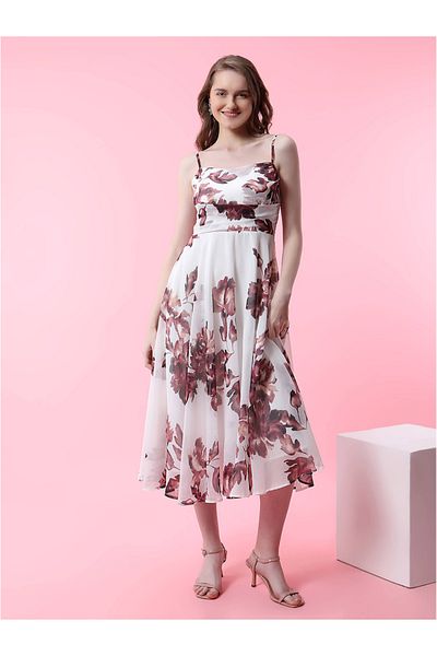 Mish By Styli Floral Fit and Flare Midi Dress with Square Neck