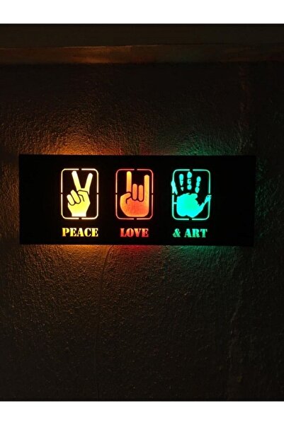 ÇAKRA Peace&love&art Led Işıklı Ahşap Tablo 50x21cm Duvar Dekoru