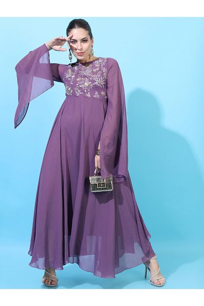 Vishudh By Styli Embroidery Detail A-Line Maxi Dress with Slit Sleeves
