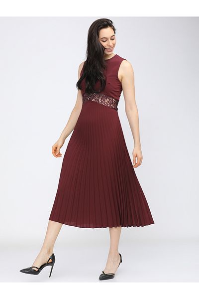Tokyo Talkies By Styli Lace Detail Pleated A-Line Midi Dress