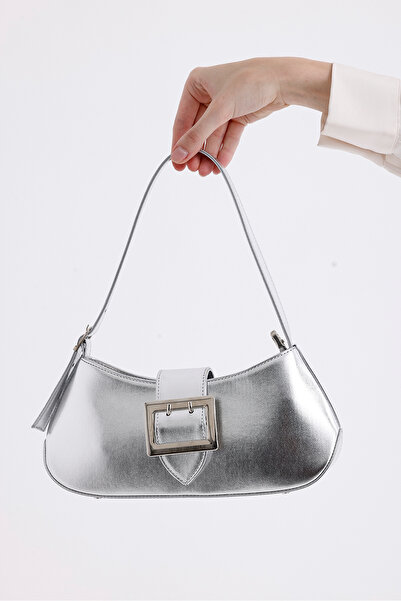 Paksoy Geantă de umăr de damă din piele artificială cu cataramă argintie