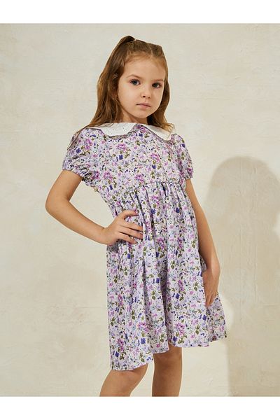 Styli Floral Print Schiffli Collar Dress