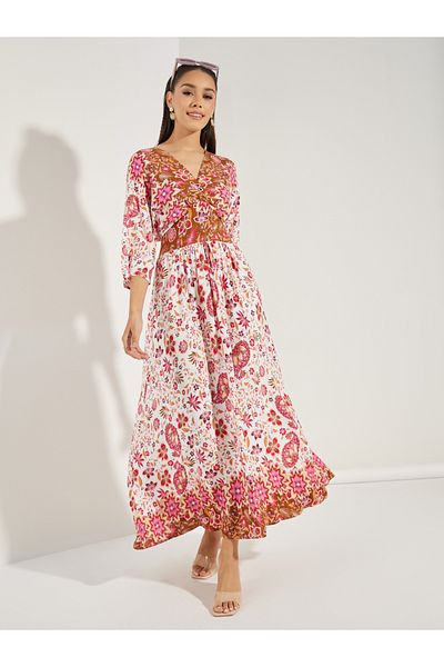 Styli Floral Print 3/4 Sleeves Maxi Dress
