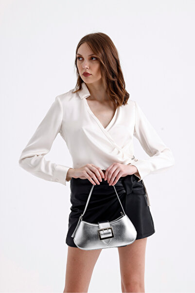 Paksoy Geantă de umăr de damă din piele artificială cu cataramă argintie