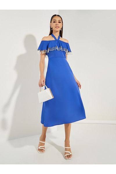 Styli Off Shoulder Neck Embellished Midi Dress