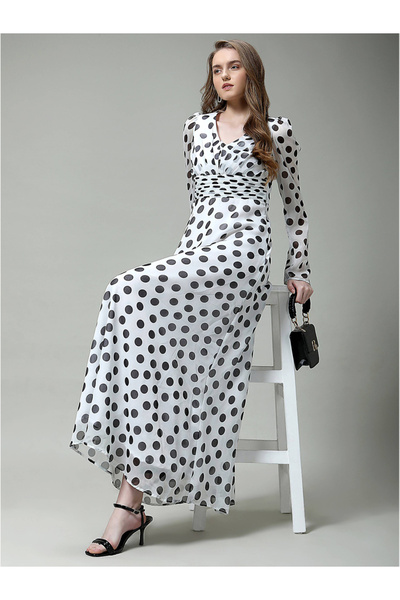 Mish By Styli Polka Dot Maxi Dress with Waist Pleat Detailing