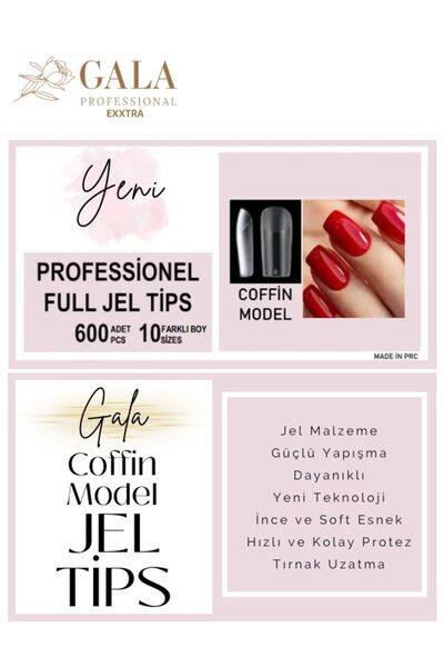 tnl professional Full Jel Tips Coffin Içi Törpülü 600 Lü Protez Jel Tırnak Ti...