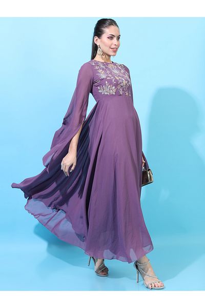 Vishudh By Styli Embroidery Detail A-Line Maxi Dress with Slit Sleeves