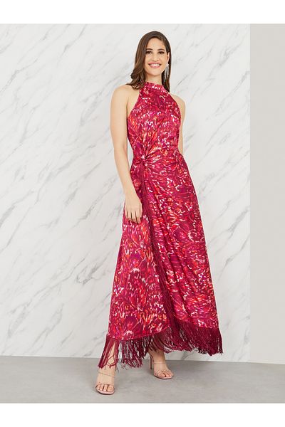 Styli Ikat Print Halter Neck Wrap Style Maxi Dress with Tassel Detail