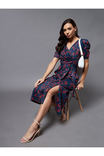 Miss Chase By Styli Floral Print Pocket Detail Wrap Midi Dress