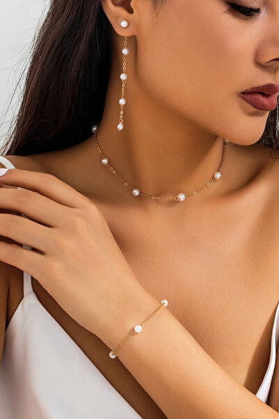 Glaren Γυάλινο μαργαριτάρι κολιέ, σκουλαρίκι και βραχιόλι για γυναίκα