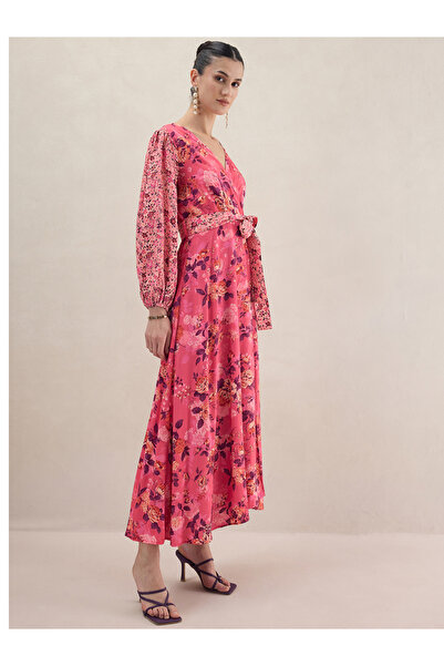 Femmella By Styli Floral Print V Neck Mock Wrap Maxi Dress