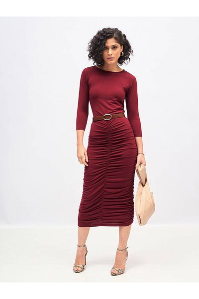Sassafras By Styli Gathered Bodycon Midi Dress with 3/4 Sleeves