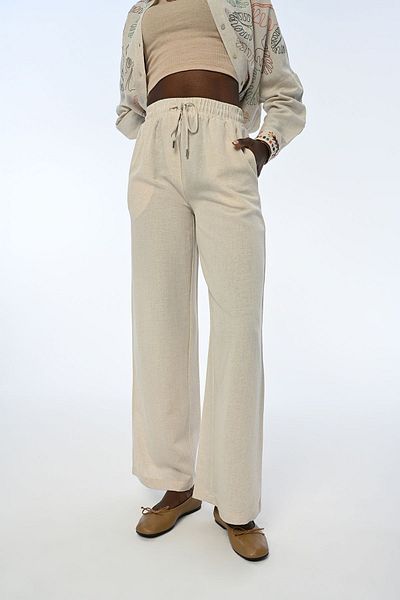 Orfeo Negro WOMEN'S COMFORTABLE FIT WAIST RUBBERED LINEN FABRIC PANTS