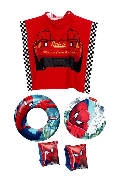 SUMMER Boy's Hooded Poncho Beach Towel - 100% Cotton, Swimming Sleeve and Bagel Sea Ball Set