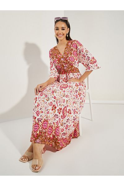 Styli Floral Print 3/4 Sleeves Maxi Dress
