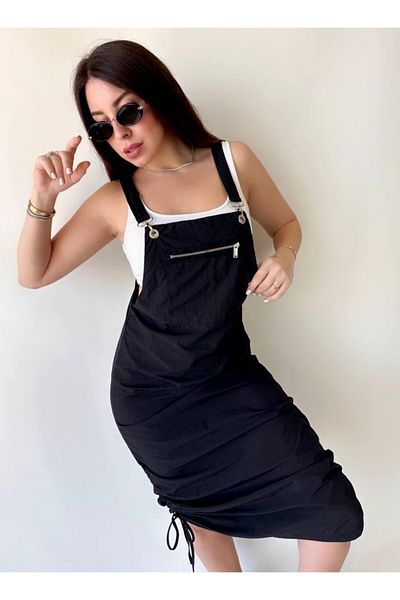Özel Tasarım New Season Parachute Fabric Salopet Dress with Pockets and Adjustable Side Gathered Laces
