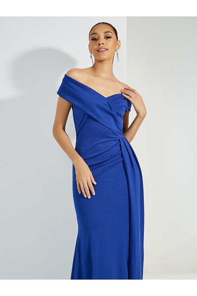 Styli Front Slit Off Shoulder Neck A-Line Maxi Dress