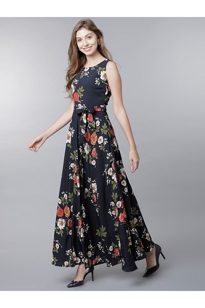 Tokyo Talkies By Styli Floral Print Sleeveless A-Line Maxi Dress