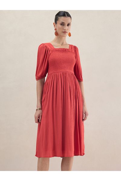 Femmella By Styli Smocked Detail Cuffed Sleeve Midi Dress