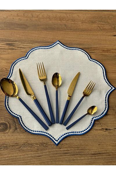Meri Ev Gereçleri BLUE GOLD 42 PIECES 6 PERSON FORK KNIFE SPOON SET