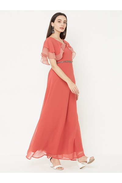 Mish By Styli Solid Georgette A-Line Maxi Dress with Cape Sleeve