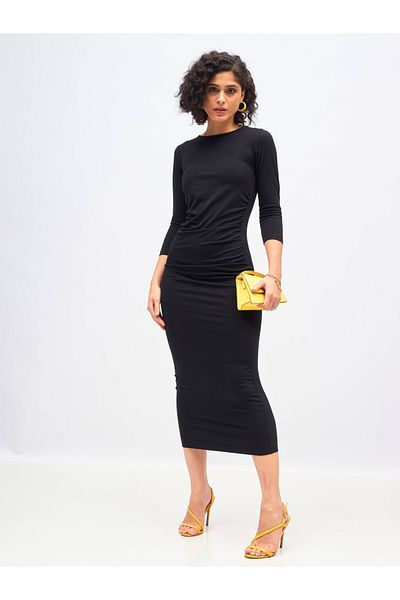 Sassafras By Styli Gathered Detail Bodycon Midi Dress with 3/4 Sleeves
